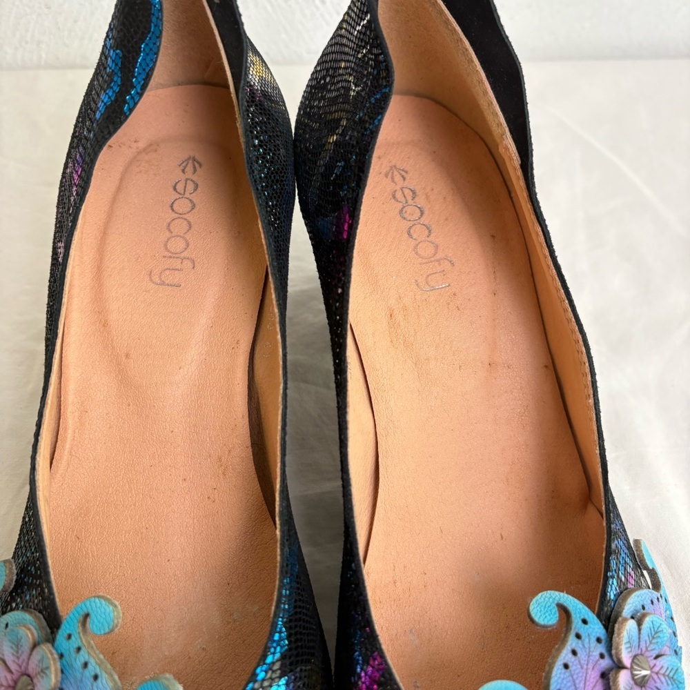 SOCOFY Leather Metallic Floral Applique Snakeskin Pump Heels Artsy 41 (10-10.5) - Picture 6 of 16